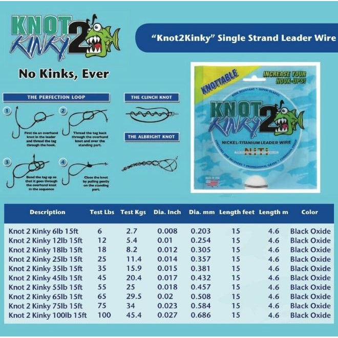 KNOT-2-KINKY - Nickel-Titanium Leader Wire 45 lb - 15 ft